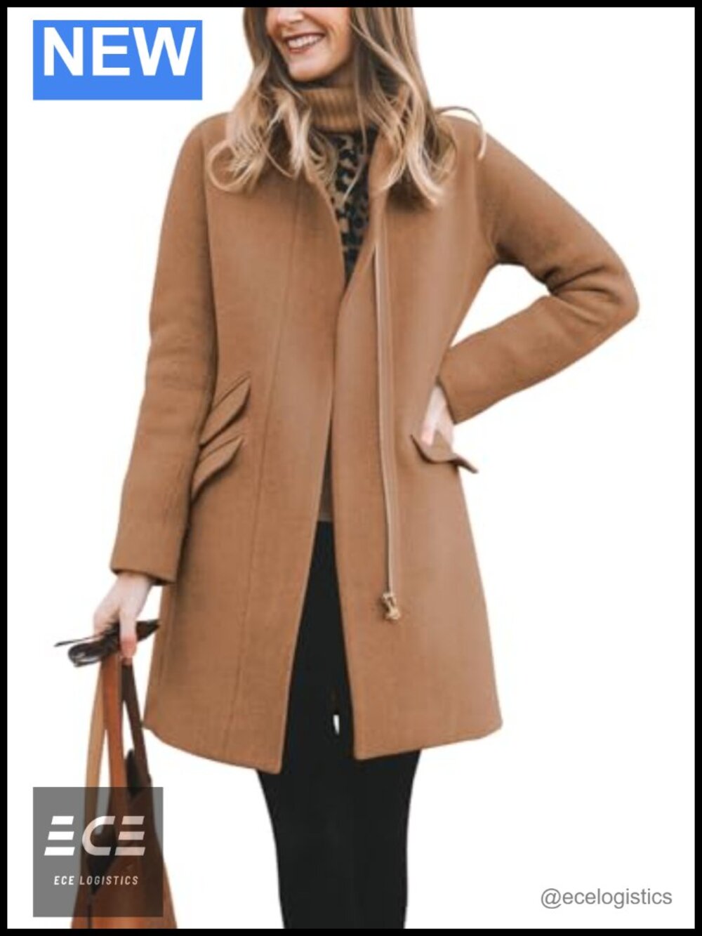 Womens Long Wool Blend Pea Coat Zip Up Winter Overcoat